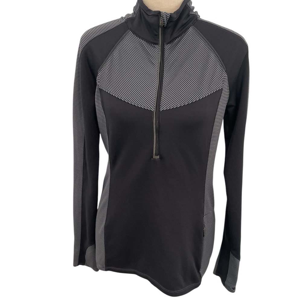 Athleta | Black/Gray Striped 3/4 Zipped Pullover Sz S - Picture 2 of 12
